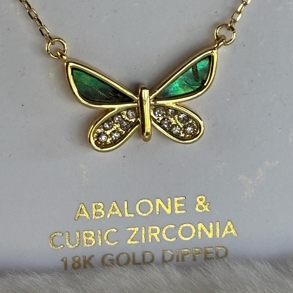 Abalone and cubic zirconia 18 K gold dipped butterfly necklace by Amanda blu,new